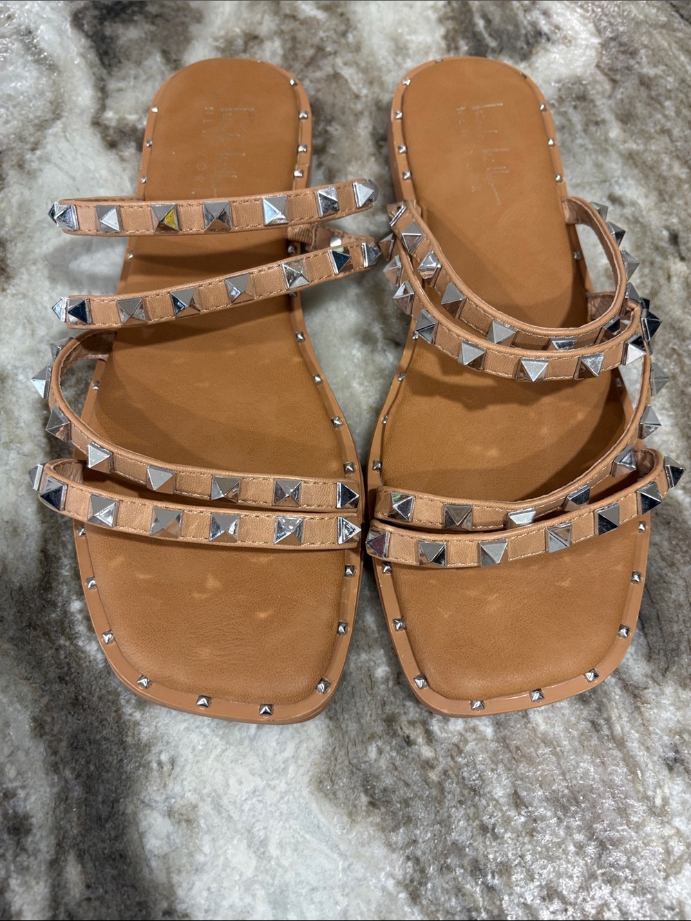 Nicole Miller Tan Pyramid-Stud Multi-Strap Sandals